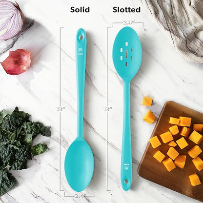 DI ORO Silicone Cooking Spoons - Large Mixing, Serving & Stirring - 600F Heat-Resistant Non-Stick - Big Solid & Slotted Basting Spoons - Dishwasher Safe (2pc, Teal) - Image 6