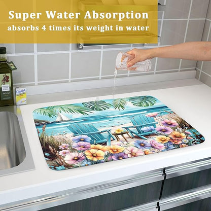 Spring Summer Sea Chair Dish Drying Mat for Kitchen Counter,Coastal Beach Palm Leaf Flowers Drying Mat 18 x 24 Inch with Absorbent Reversible Microfiber Drying Pad for Coffee Bar - Image 7