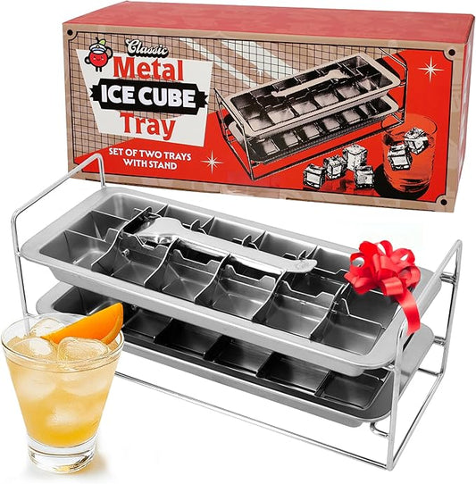 Stainless Steel Double Ice Cube Trays with lever and Stand (11", 36 cubes), Classic Metal Ice Cube Trays for Freezer, Non Toxic, Plastic Free, Dishwasher safe by CaptainCranberry
