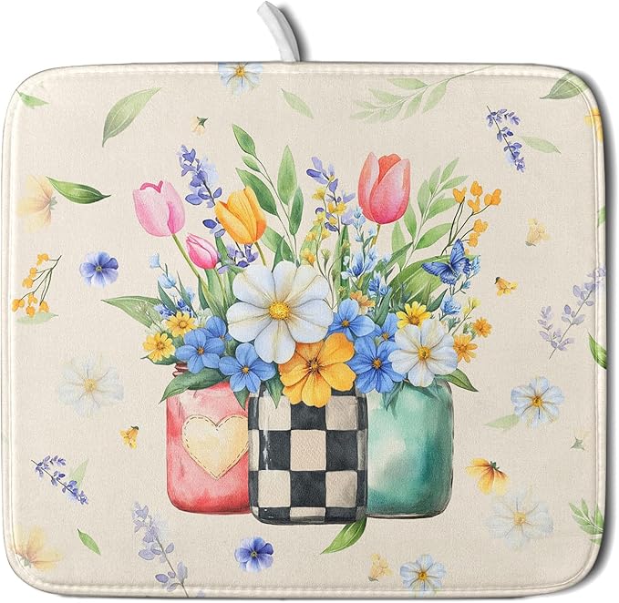 Giwawa Spring Flower Vases Dish Drying Mat for Countertop, 16"x18" Watercolor Floral Mason Jar Dish Drainer Mats, Wildflower Botanical Fast Dry Microfiber Small Dish Drying Pad Decoration
