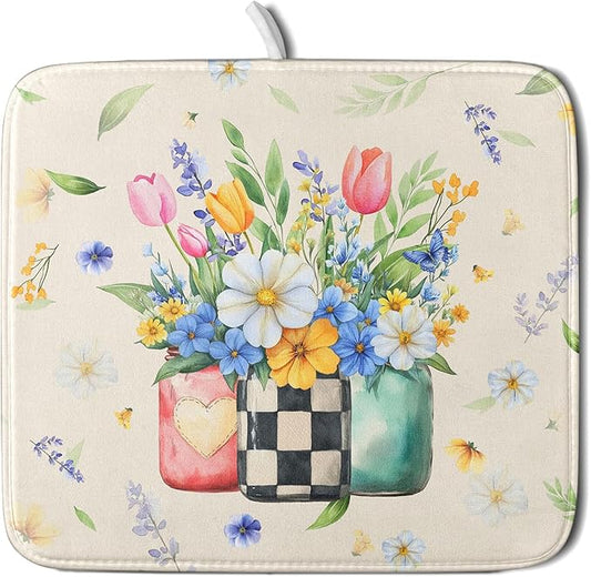 Giwawa Spring Flower Vases Dish Drying Mat for Countertop, 16"x18" Watercolor Floral Mason Jar Dish Drainer Mats, Wildflower Botanical Fast Dry Microfiber Small Dish Drying Pad Decoration