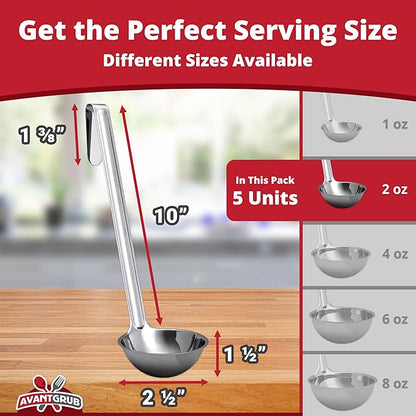 Super Sturdy, Ergonomic 2 Oz. Soup Ladle 5 Pk. Stainless Steel Ladles with Long Handles. Best Kitchen Accessories for Stirring, Portioning and Serving Soups, Chili and Stew in Restaurants and at Home - Image 2
