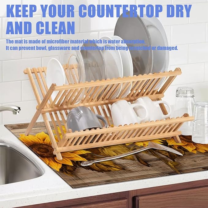 Vintage Sunflower Wooden Grain Dish Drying Mat for Kitchen Counter Drying Pad Absorbent Reversible Dish Drainer Rack Mats Draining Pad 18"x24"Inch - Image 5