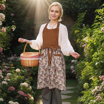 Cute Floral Aprons for Women with Pockets,Cotton Adjustable Neck Strap Apron for Kitchen Cooking Baking Gardening