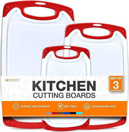 Cutting Boards for Kitchen - BPA-Free Chopping Board - Different Sizes & Non Slip Handles - Reversible, Large Cutting Board Set - Unique Gifts for Cooks Who Have Everything - 3-Pack Red by HOMWE