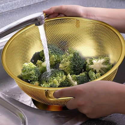 Bokon 3 Pcs Stainless Steel Colander Set Colander Bowl and Sieves 1/3/5 Quart Metal Mesh Strainer Net Basket with Handles Food Spaghetti Strainer for Kitchen Draining Pasta Rinsing(Gold)
