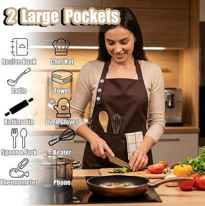 TOSHE Kitchen Apron Waterdrop Resistant Cotton Apron with adjustable Aprons for Women with Pockets 12 Color option Cooking Brown Apron (Brown) - Image 2
