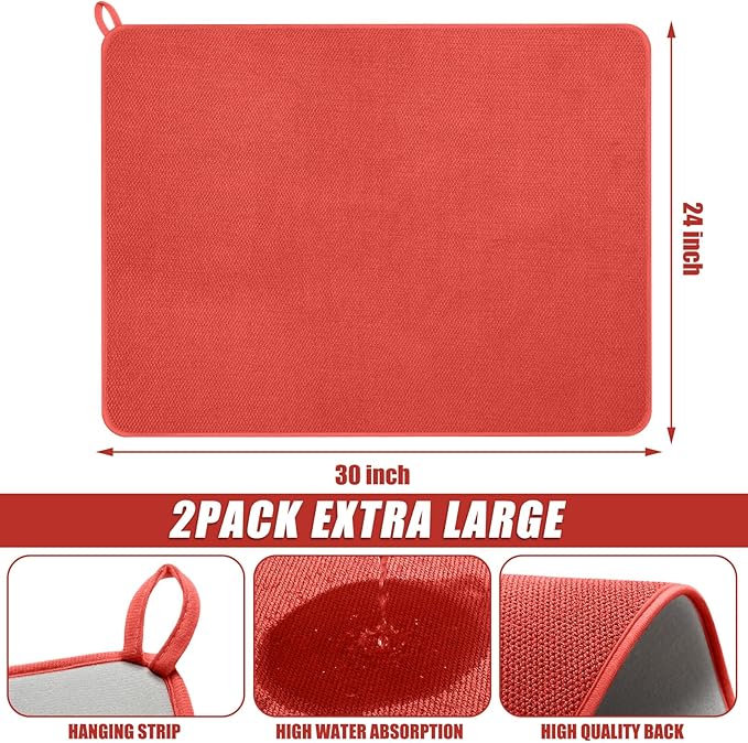 Hushee 2 Pack Extra Large Dish Drying Mat Microfiber Absorbent Dish Drying Pad Large Size Dishes Drainer Mats for Countertop, Sink, Refrigerator or Dryer (30 x 24 Inch,Red) - Image 2