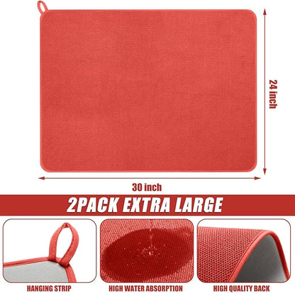 Hushee 2 Pack Extra Large Dish Drying Mat Microfiber Absorbent Dish Drying Pad Large Size Dishes Drainer Mats for Countertop, Sink, Refrigerator or Dryer (30 x 24 Inch,Red) - Image 2