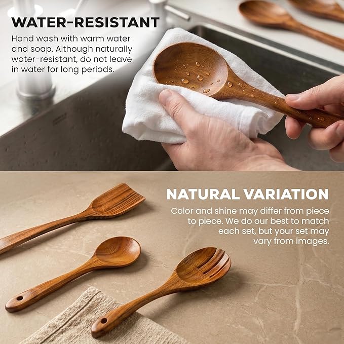 Zulay Kitchen 30-Piece Teak Wooden Utensils - Natural Teak Cooking Utensils with Premium Gift Box - Non-Stick Wooden Spoons - Kitchen Gift Set - Comfortable Grip - Image 5