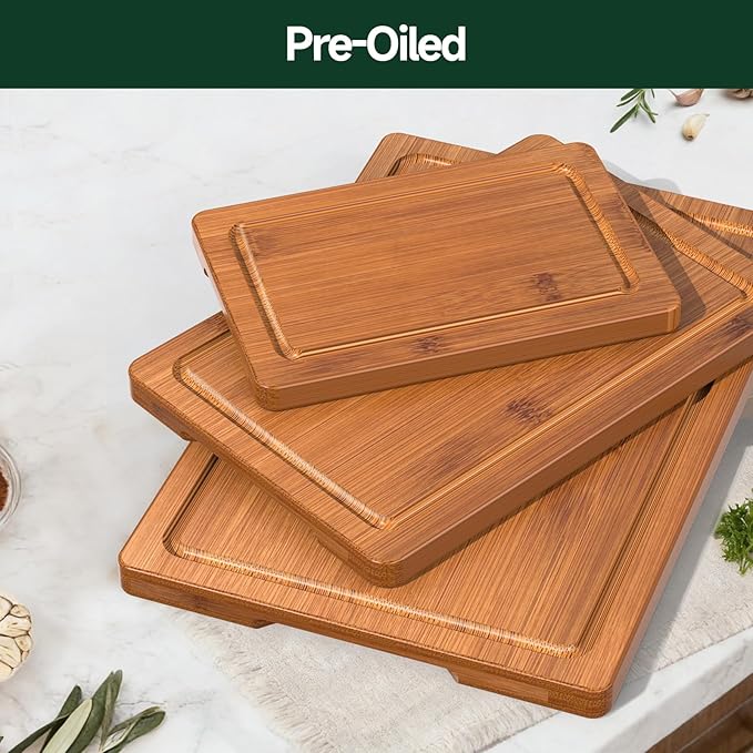 3-Piece Set Bamboo Cutting Board for Kitchen - Crack-Resistant Wood Chopping Boards with Deep Juice Grooves, Pre-Oiled Butcher Block for Meat, Vegetables & Cheese, Carbonized - Image 6