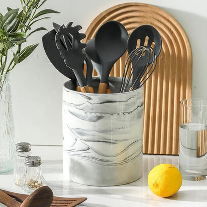 7.2 inch Large Utensil Holder for Kitchen Counter, Golden Marble Utensil Crock Spatula Holder for Countertop Cooking Tools Storage Caddy Farmhouse Kitchen Decor (Marble-Grey) - Image 2