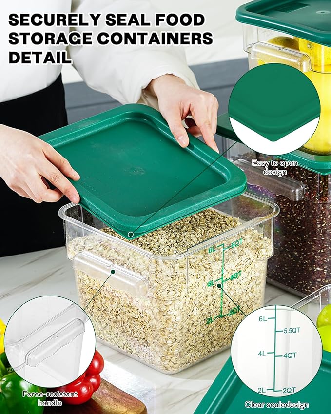 2QT NSF Food Storage Containers: 2 PCS [Food Grade][Hot&Cold Resistant] Commercial Clear Square Food Storage Containers with Scales Handles for Home Restaurant Kitchen Proof Dough(BPA FREE-GREEN) - Image 8
