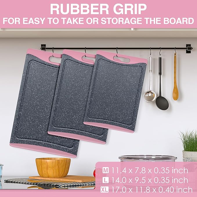 Extra Large Cutting Boards, Plastic Cutting Boards for Kitchen (Set of 3) Cutting Board Set Dishwasher Chopping Board with Juice Grooves Easy-Grip Handles, Pink, Empune - Image 4