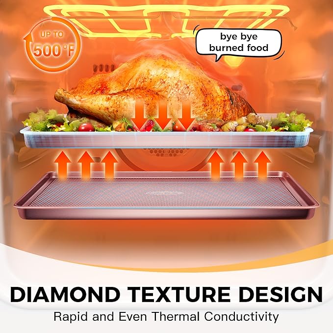 HONGBAKE Baking Sheet Pan Set, Cookie Sheets for Oven, Nonstick Half/Quarter/Jelly Roll Pans with Diamond Texture Pattern, Heavy Duty Cookie Tray, Pink - Image 7