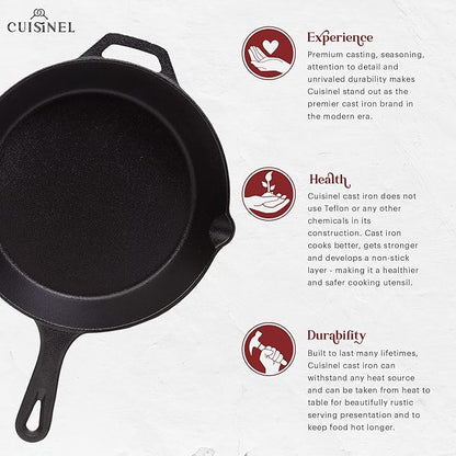 Cuisinel Cast Iron Skillet with Lid - 10"-Inch Pre-Seasoned Frying Pan + Glass Cover + Heat-Resistant Handle Holder - Indoor/Outdoor Use - Grill, Stove, Camp Firepit, Induction - Oven Safe Cookware