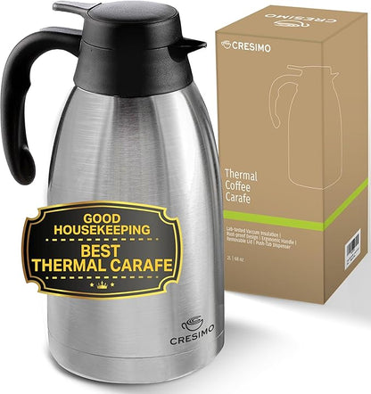 Cresimo Thermal Coffee Carafe 68oz / 2L - 12 Hours Hot Beverage Dispenser, Insulated Stainless Steel Carafe for Liquids, Coffee Carafes For Keeping Hot Water Dispenser for Parties - Large Tea Flask by Cresimo