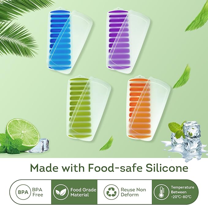 Lily's Home Silicone Ice Cube Tray with Lid Set of 4, BPA-Free, Ideal for Water Bottles & Sports Bottles, Flexible & Stackable Design for Quick Release, Ice Cube Trays for Freezer(11.81"*4.72"*0.95") - Image 3