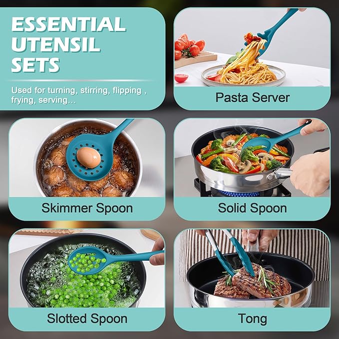 Homikit Silicone Cooking Utensils Set, 15-Piece Nonstick and Heat Resistant Kitchen Utensil Spatula Set with Holder, Kitchen Gadgets Home Essentials & Pots and Pans Accessories, Blue - Image 8