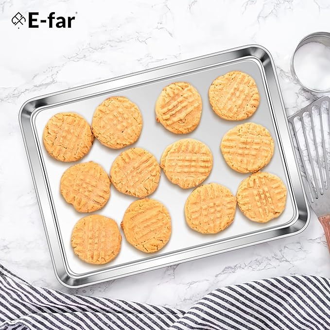 E-far Stainless Steel Baking Sheets Set of 3, 12.4” x9.7” Baking Cookie Sheets Pans for Oven, Non-toxic Metal Trays for Cake Cookies, Healthy & Rust Free, Mirror Finish & Dishwasher Safe - Image 7