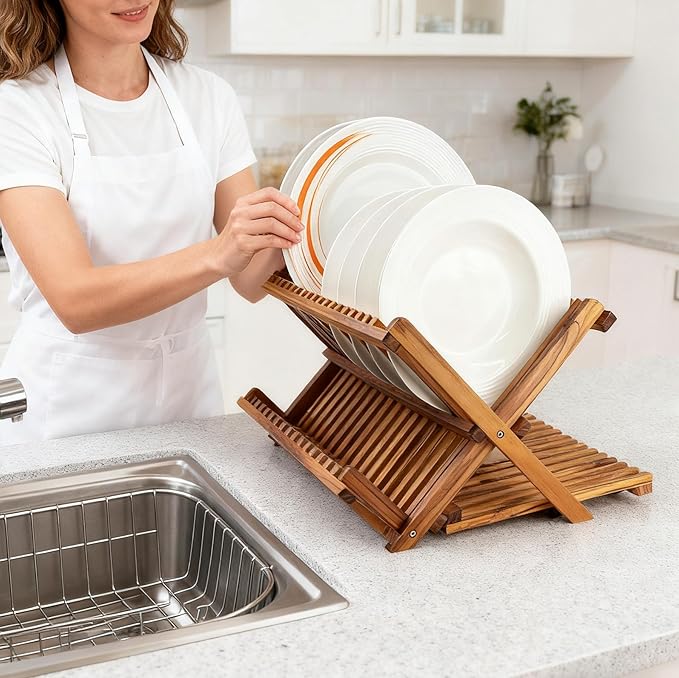 Utoplike Large Teak Dish Drying Rack, Wooden 3 Tier Collapsible Dish Draine for Countertop, Kitchen Organizer for Pasta Plates, Cups - Image 2