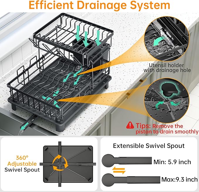 Dish Drying Rack, 2 Tier Dish Racks for Kitchen Counter, Compact Drying Rack Kitchen, Rust-Resistant Dish Drainer, Detachable Space-Saving Dish Rack with Drainboard, Utensil Holder, Black - Image 5