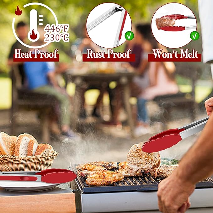 TeamFar Kitchen Tongs, 9" and 12" Stainless Steel Cooking Tongs with Silicone Tips for Cooking Grilling Serving & BBQ, Heat Resistant Silicone Tongs, Locking Design & Dishwasher Safe, Set of 2 & Red - Image 4