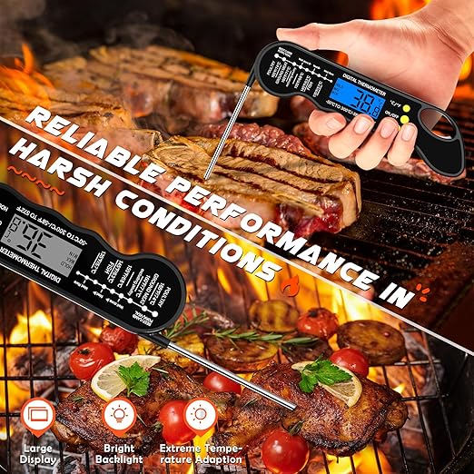 Instant Read Meat Thermometer, Fast and Accurate Digital Food Thermometer with Magnet, Backlight, Waterproof for Cooking, BBQ, Grilling, Baking, Smoker, Candy Making (Black) - Image 2