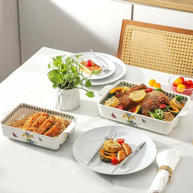 Ceramic Iris Baking Casserole Dish with Handles, Large 2 pieces 8x13 inch & 6x10 inch Lasagna Baking Dish and Middle Flower Andplant Baking Pan,Porcelain Serving Bakeware Set - Image 6