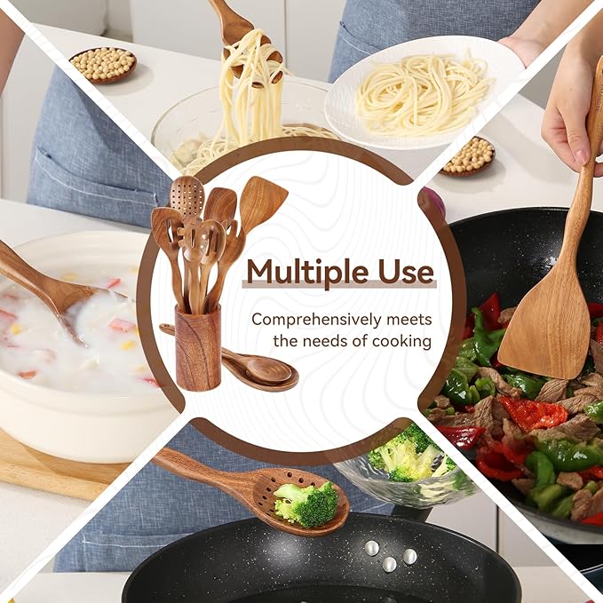 Wooden Spoons for Cooking, 10 Pcs Wood Utensils Set with Spoon Rest & Holder, Nonstick, Non Scratch, Easy Clean, Natural Teak Wooden Cookware for Cooking for Mom Wife Kitchen Gifts