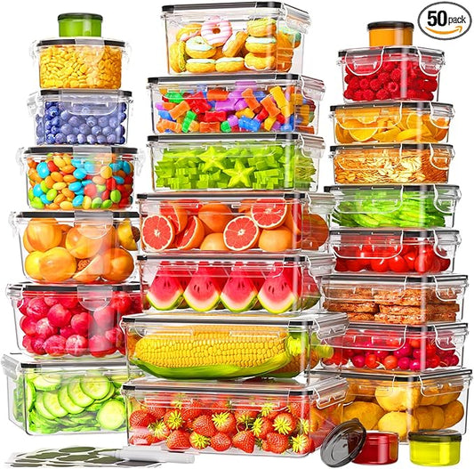 50 PCS Food Storage Containers with Lids Airtight (25 Containers & 25 Lids), 100% Leak Proof Meal Prep Container for Kitchen, BPA-Free Plastic(Polypropylene5), Microwave/Dishwasher Safe, Labels & Pen by KEMETHYFocusesonCreatingEfficientStorageProductswithQualityMaterials