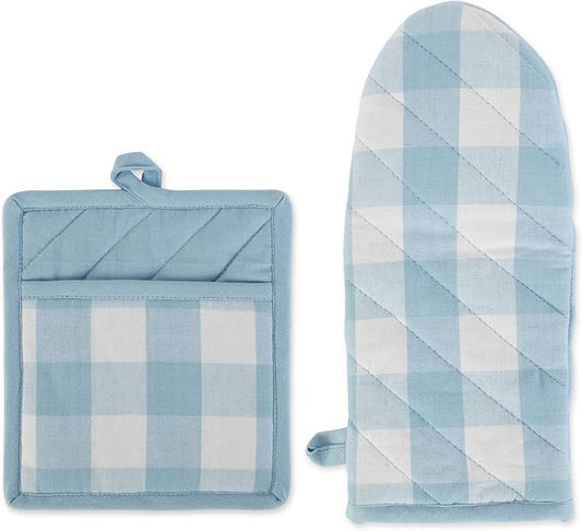 DII Buffalo Check Kitchen Collection, Classic Farmhouse Kitchen Set, Potholder & Oven Mitt, White & Light Blue, 2 Piece