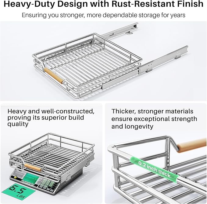 Pull out Cabinet Organizer, 15"W X 21"D, Heavy Duty Smooth Sliding Under Cabinet Shelves for Pots and Pans, Full-Extension Roll out Drawers, Slide out Organization for Home Kitchen Pantry - Image 6