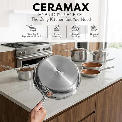 Gotham Steel Ceramax 12 Pcs Tri Ply Hybrid Stainless Steel Cookware Set, Ceramic Pots and Pans Set Non Stick with Induction Cookware, Made Without PTFE PFOA, Metal Utensil, Oven and Dishwasher Safe
