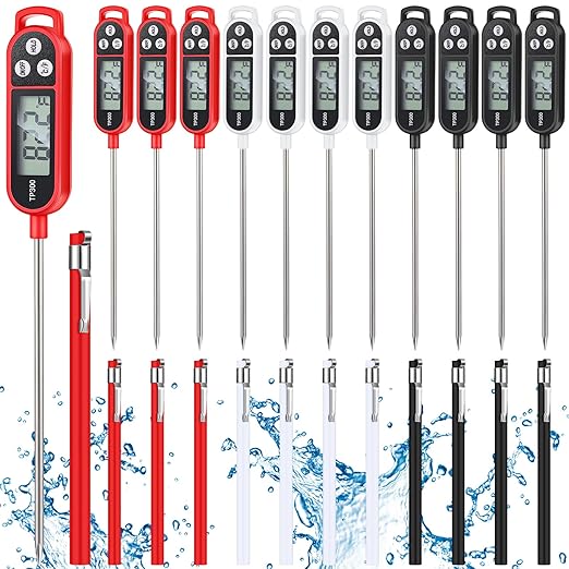 Copkim 12 Pcs Meat Food Thermometer Food with Probe Water Liquid Instant Read Digital Thermometer Kitchen Cooking Supplies for Cooking BBQ Milk Yogurt (Black,White,Red) by Copkim