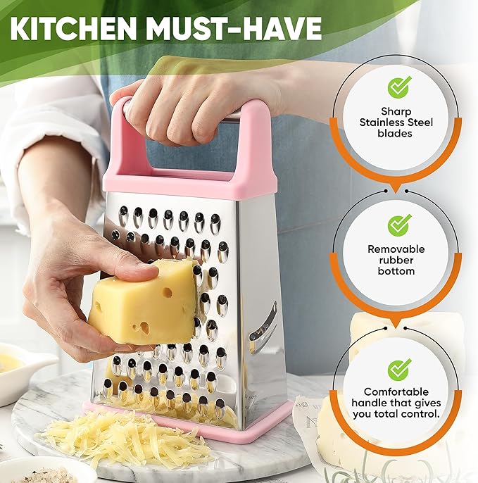 Spring Chef Professional Stainless Steel XL Parmesan Cheese Grater with Handle - 4 Sided Box Grater for Kitchen - Dishwasher Safe Carrot Shredder for Potato, Vegetables, Ginger - Pink Lemonade - Image 3