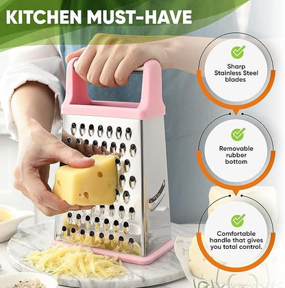 Spring Chef Professional Stainless Steel XL Parmesan Cheese Grater with Handle - 4 Sided Box Grater for Kitchen - Dishwasher Safe Carrot Shredder for Potato, Vegetables, Ginger - Pink Lemonade - Image 3