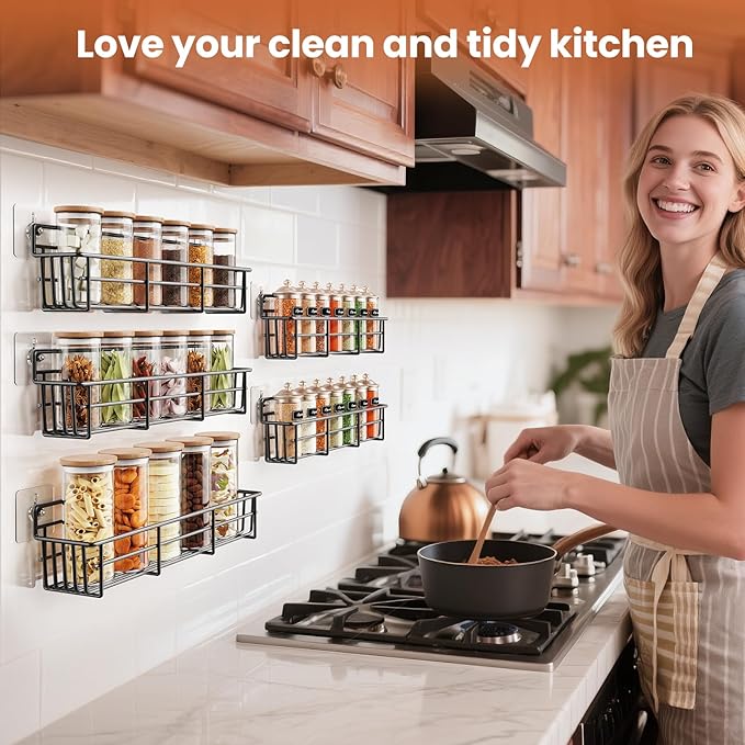 Mystozer 5 Pack Spice Rack Seasoning Organizer Wall Mount, Screw or Adhesive Hanging Shelf Basket Spice Organizer Shelf for Kitchen, Black - Image 7