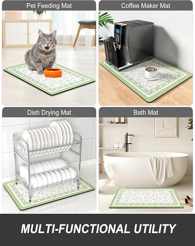 Rnivvi Dish Drying Mat for Kitchen Counter, 12 x 19" Cute Flower Theme Super Absorbent Draining Pad, Non-Slip Heat Resistant Coffee Bar Mat for Coffee Machine Station Accessories, Green Dish Rack Pad - Image 7