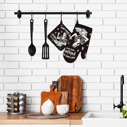 Funny Oven Mitts and Pot Holders Sets Black Kitchen Accessories Cute Kitchen Decor Funny House Warming Gifts Heat Resistant Cooking Baking Gifts for Women (Black, Oven Mitts & Pot Holders)