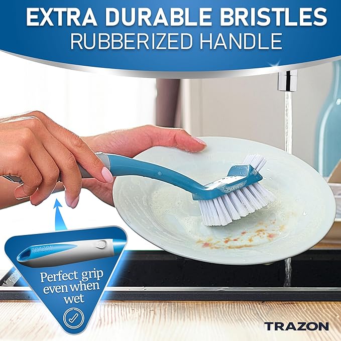 Dish Brush Set of 5 with Convenient Holder, Bottle Water Brush, Dish Scrub Brush, Scrubber Brush and Straw Brush - Kitchen Scrub Brushes Non Slip Long Handle for Sink Dishes Cup Pot - Image 6