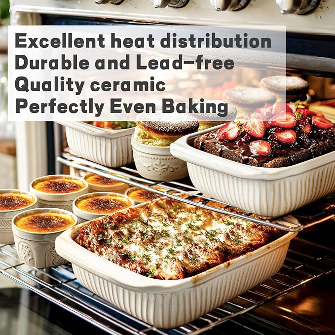 Artena Baking Dish 2.3 Quarts, Casserole Dishes For Oven, Baking Pan With Handles, Lasagna Pan Deep, Large Casserole Dish, Rectangular Ceramic Bakeware, White (Baking Dish With Rack) - Image 3