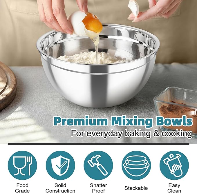 TeamFar Mixing Bowls, Stainless Steel Nesting Salad Bowls with Airtight Lids Set, For Serving/Mixing/Storing, Healthy & Heavy-duty, Dishwasher Safe & Easy Clean, 4.6/3 / 1.5 QT, Navy Blue - Image 5