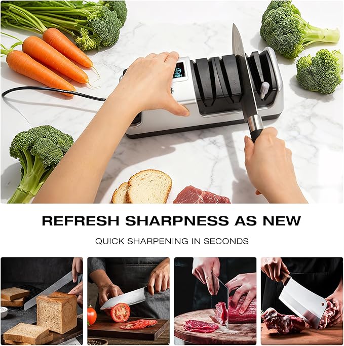 Silver Professional 3-Stage Electric Knife Sharpener for Kitchen Knives, LCD Screen, 100% Diamond Abrasive, Adjustable Rotational Speed, Precision Angle Guides for All Kitchen Knives - Image 2