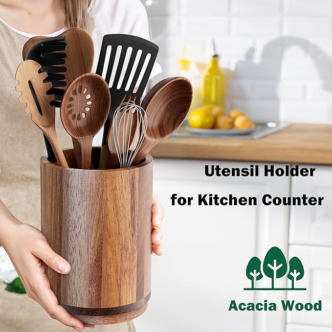 Utensil Holder, Acacia Wood Kitchen Utensil Holder for Countertop, 360°Rotating Cooking Utensil Crock for Kitchen Counter, 7.2" Large Utensil Organizer for Spatula - Image 3