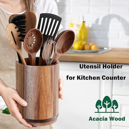 Utensil Holder, Acacia Wood Kitchen Utensil Holder for Countertop, 360°Rotating Cooking Utensil Crock for Kitchen Counter, 7.2" Large Utensil Organizer for Spatula - Image 3