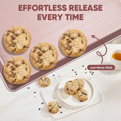 Sakerplus Nonstick Baking Sheet Pan Set of 3, Heavy Duty Cookie Sheets for Oven with Stripe Texture Pattern, 0.6mm Thick Quarter/Half/Jelly Roll Pans, Rust-Resistant & Easy Clean (Pink) - Image 7