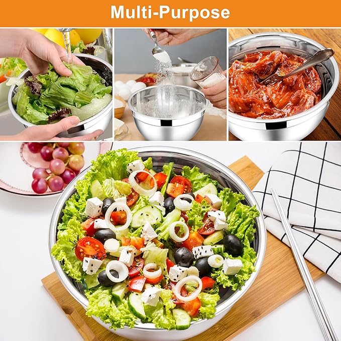E-far Mixing Bowls with Lids, 6-Piece Stainless Steel Salad Bowls Metal Nesting Bowls for Baking Cooking and Prepping, Airtight Lids & Stackable Design, Size 4.5, 3, 1.5 QT (Colorful) - Image 4