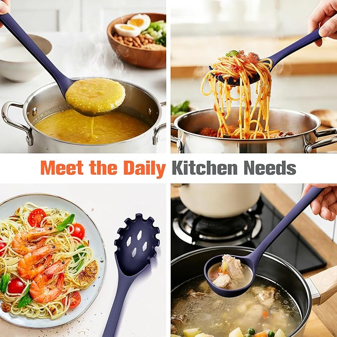 Silicone Spaghetti Spoon&Soup Ladle Cooking Utensils Set of 2,No Scratch for Nonstick Cookware,BPA Free, 450℉ Heat Resistant (BLUE) - Image 3