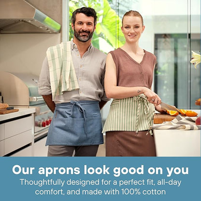 MEEMA Chef Waist Apron Cotton Fabric |Washable & Breathable Waitress & Server Half Aprons for Women with Pockets & Long Waist Straps | Cooking, Baking, Grilling & Crafting